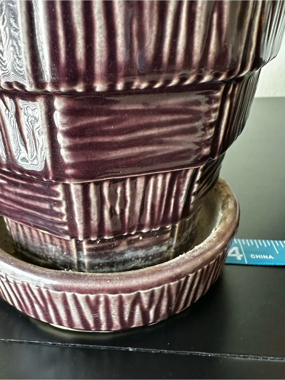 Maroon or Purple McCoy Pottery Planter with Attached Drip Tray Basket Weave 4”
